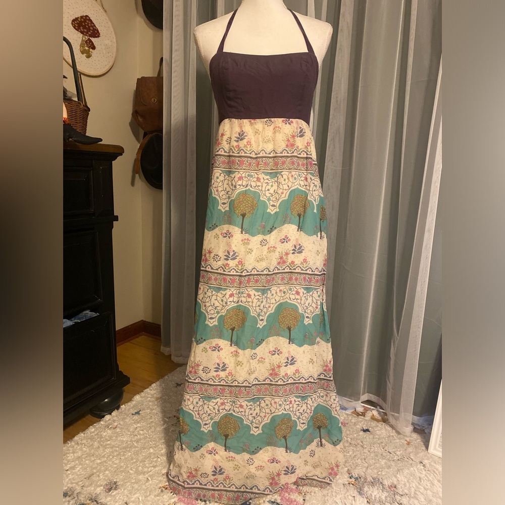Anthropologie Mauve cotton and silk floral tree maxi halter dress